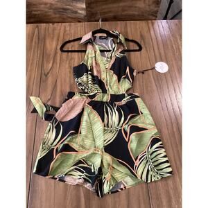 Milk & Honey tropical Palm Leaf black green cut out romper S nwt